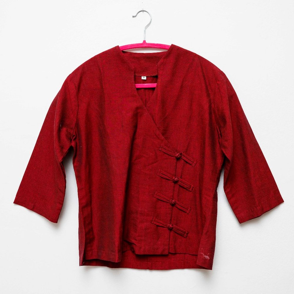 NWOT red Chinese-style shirt with knot buttons